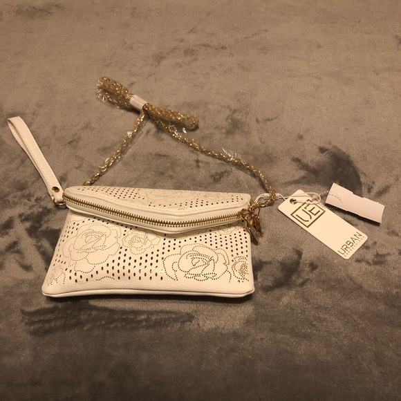 White Crossbody Bag w/ Gold Chain-Vegan - Picture 3 of 8